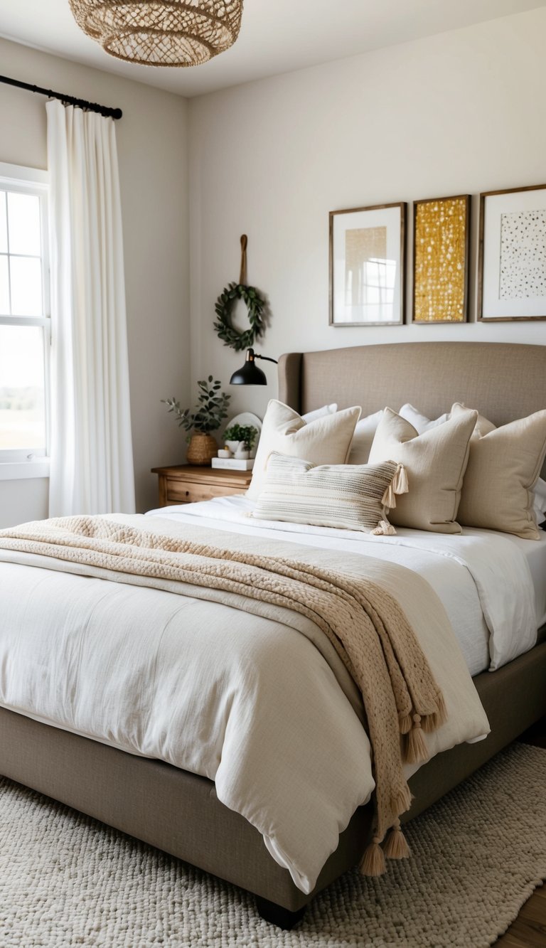 A cozy farmhouse bedroom with neutral bedding accented by pops of color in pillows, throws, and wall art