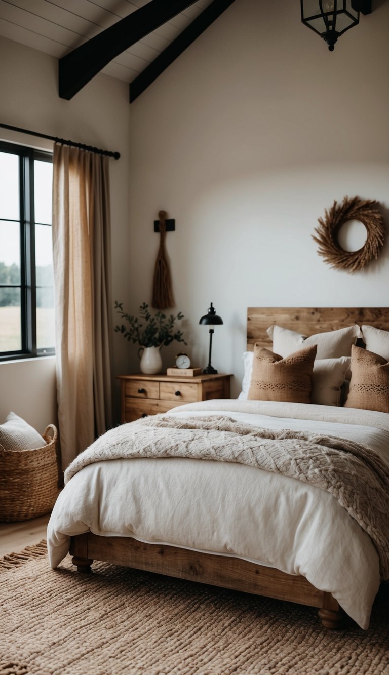 A cozy farmhouse bedroom with natural fiber rugs and rustic bedding