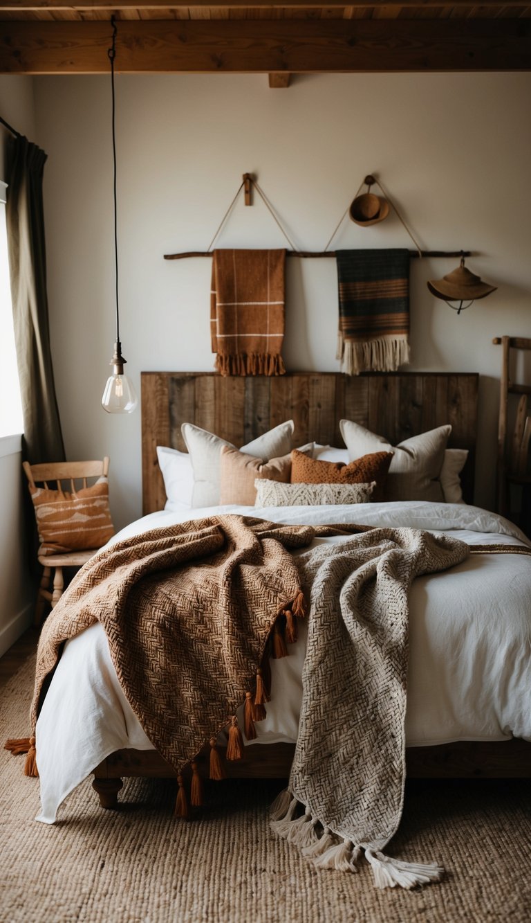 A cozy farmhouse bedroom with 22 woven throws in various earthy tones draped over beds and chairs