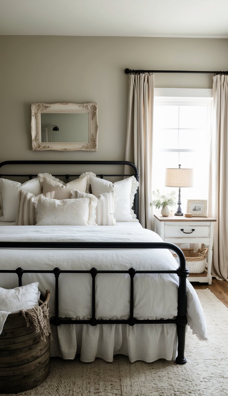 A cozy bedroom with a shabby chic bed frame adorned with farmhouse-style bedding, surrounded by rustic decor and soft, muted colors