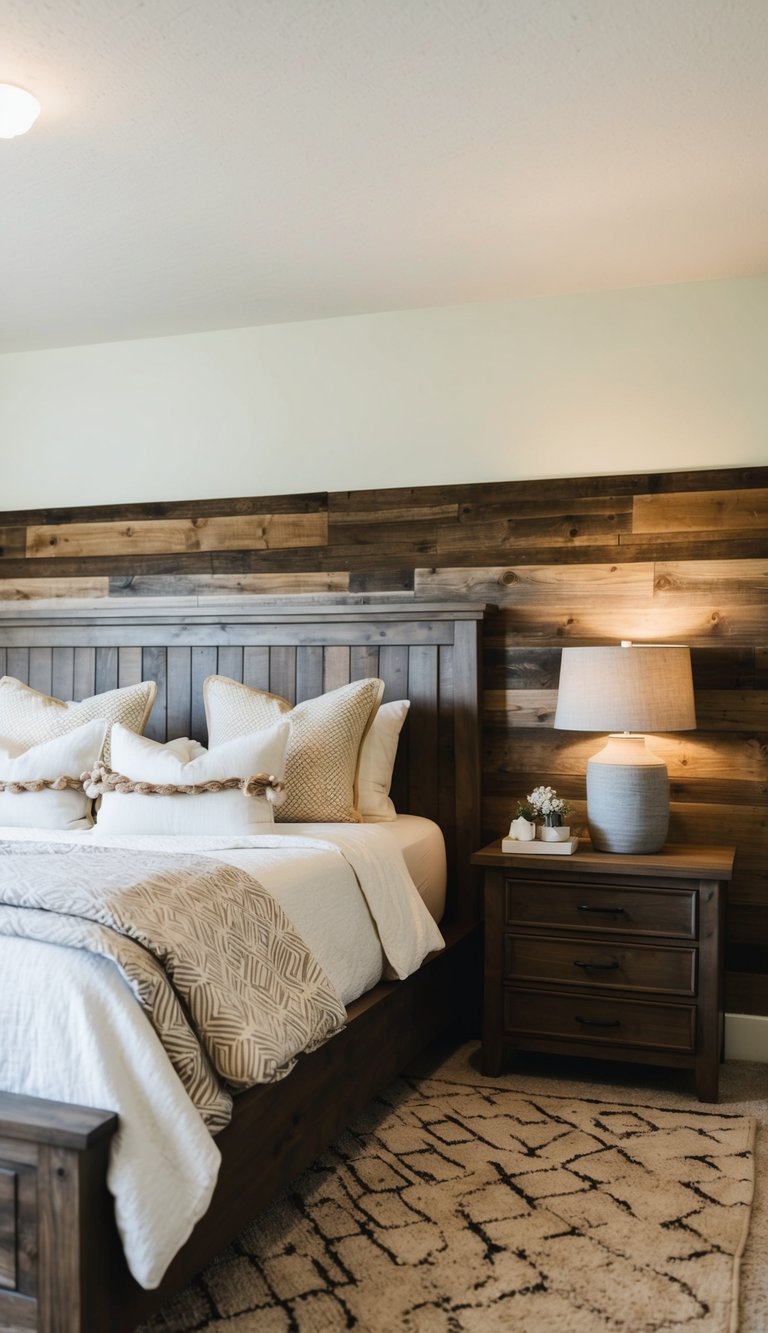 A cozy bedroom with a wooden headboard, bedside tables, and a rustic wood accent wall. The bedding features farmhouse-inspired patterns and textures