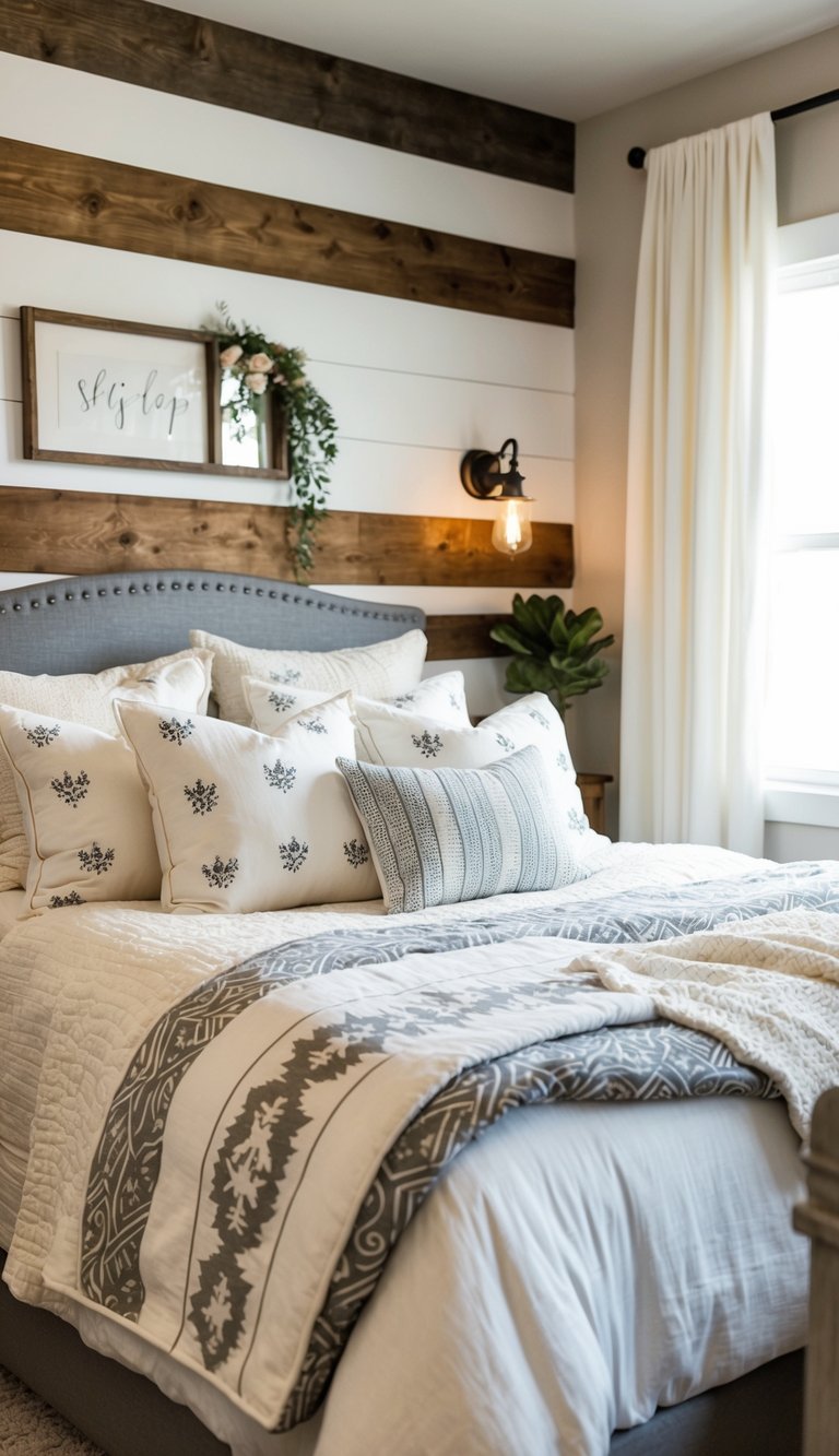 A cozy bedroom with shiplap-inspired patterns on the bedding, complemented by rustic decor and soft lighting