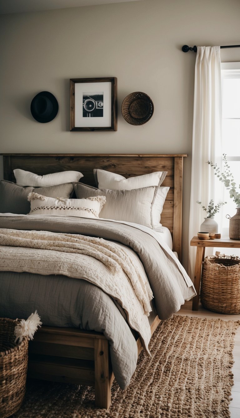 A cozy farmhouse bedroom with muted tones, layered bedding, and rustic accents