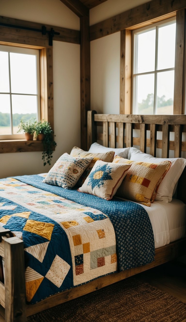 A cozy farmhouse bedroom with a rustic wooden bed adorned with handcrafted quilts in various patterns and colors. Sunlight filters through the window, casting a warm glow on the room