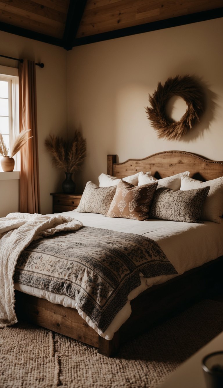 A cozy farmhouse bedroom with a rustic bed adorned with patterned shams, surrounded by warm, earthy tones and natural textures