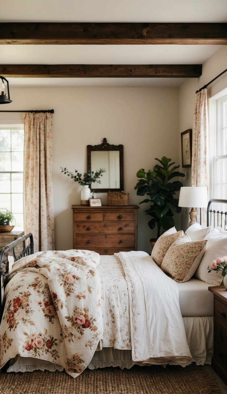 A cozy farmhouse bedroom with vintage bedding, floral patterns, and rustic accents