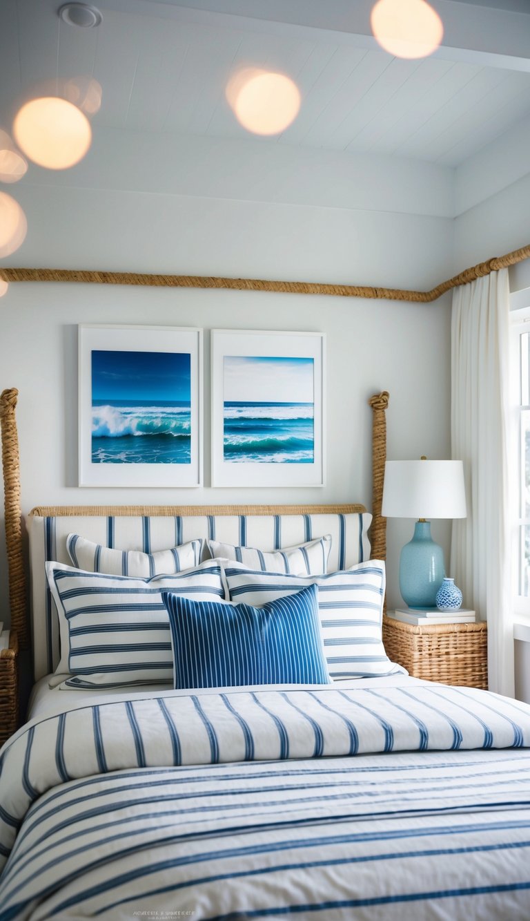 A cozy coastal bedroom with nautical stripes bedding, surrounded by ocean-inspired decor and natural light