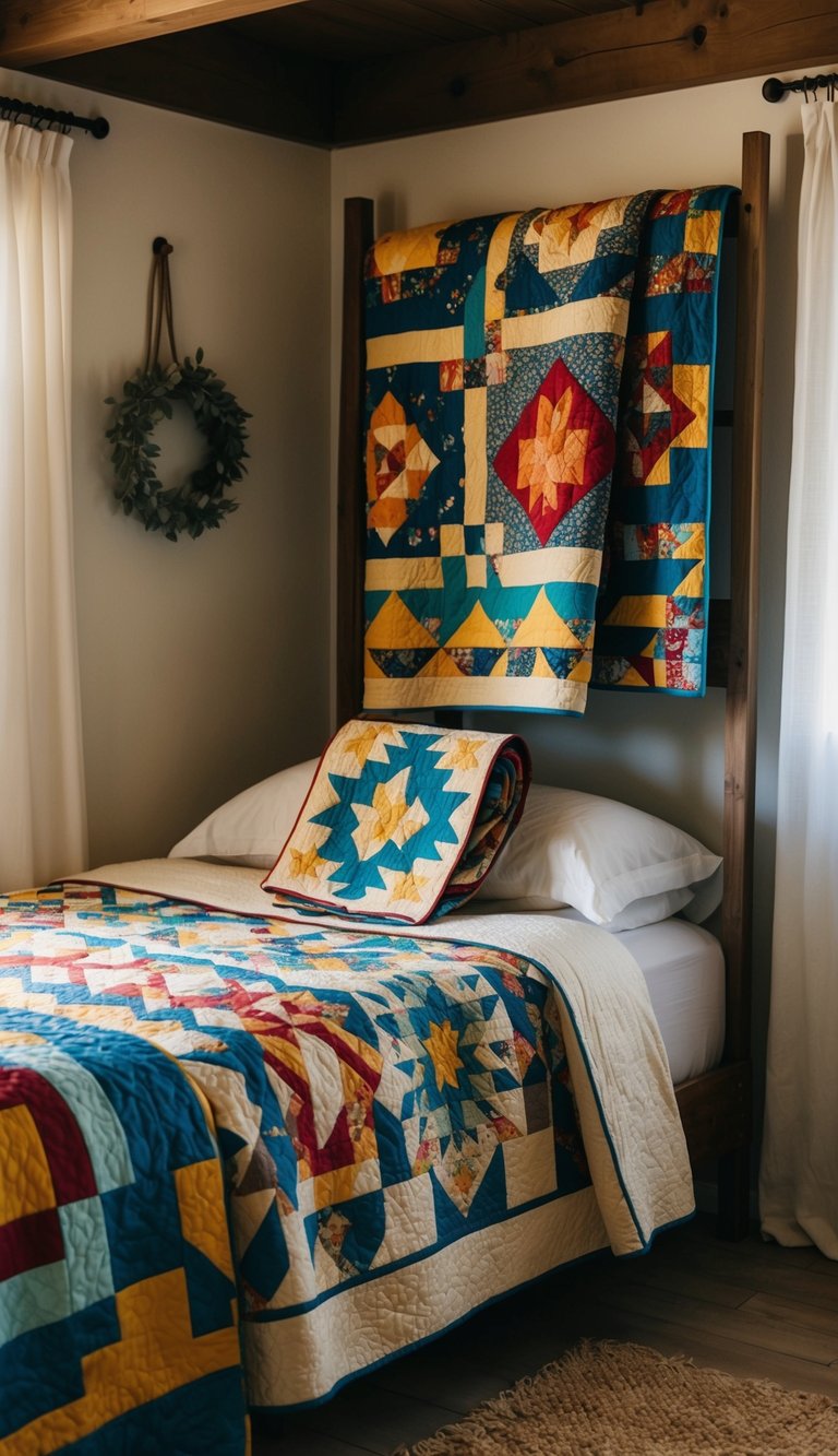 A cozy farmhouse bedroom with a variety of colorful quilts featuring storytelling patterns draped over the bed and hanging on a wooden quilt rack