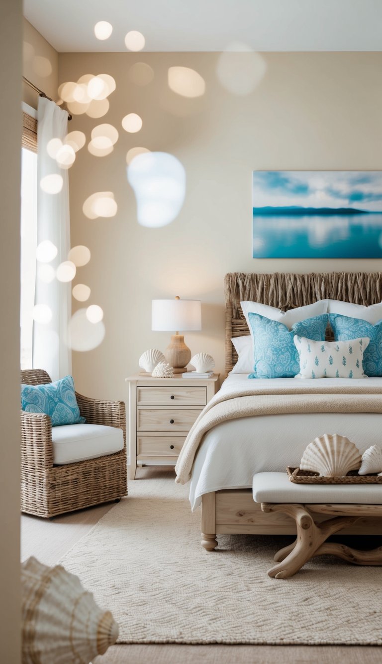 A serene coastal bedroom with seashell accents: a sandy color palette, driftwood furniture, and shell-shaped decor