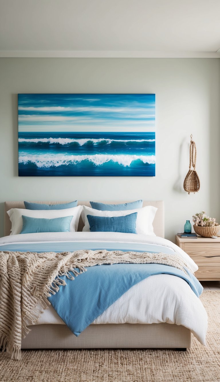 A serene coastal bedroom with a large ocean-inspired wall art piece as the focal point. The room is decorated with soft blues, sandy neutrals, and natural textures, evoking a tranquil beachside atmosphere