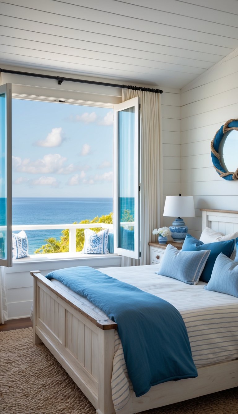 A cozy coastal bedroom with whitewashed wood finishes, featuring nautical decor, soft blue and white bedding, and a view of the ocean through a large window