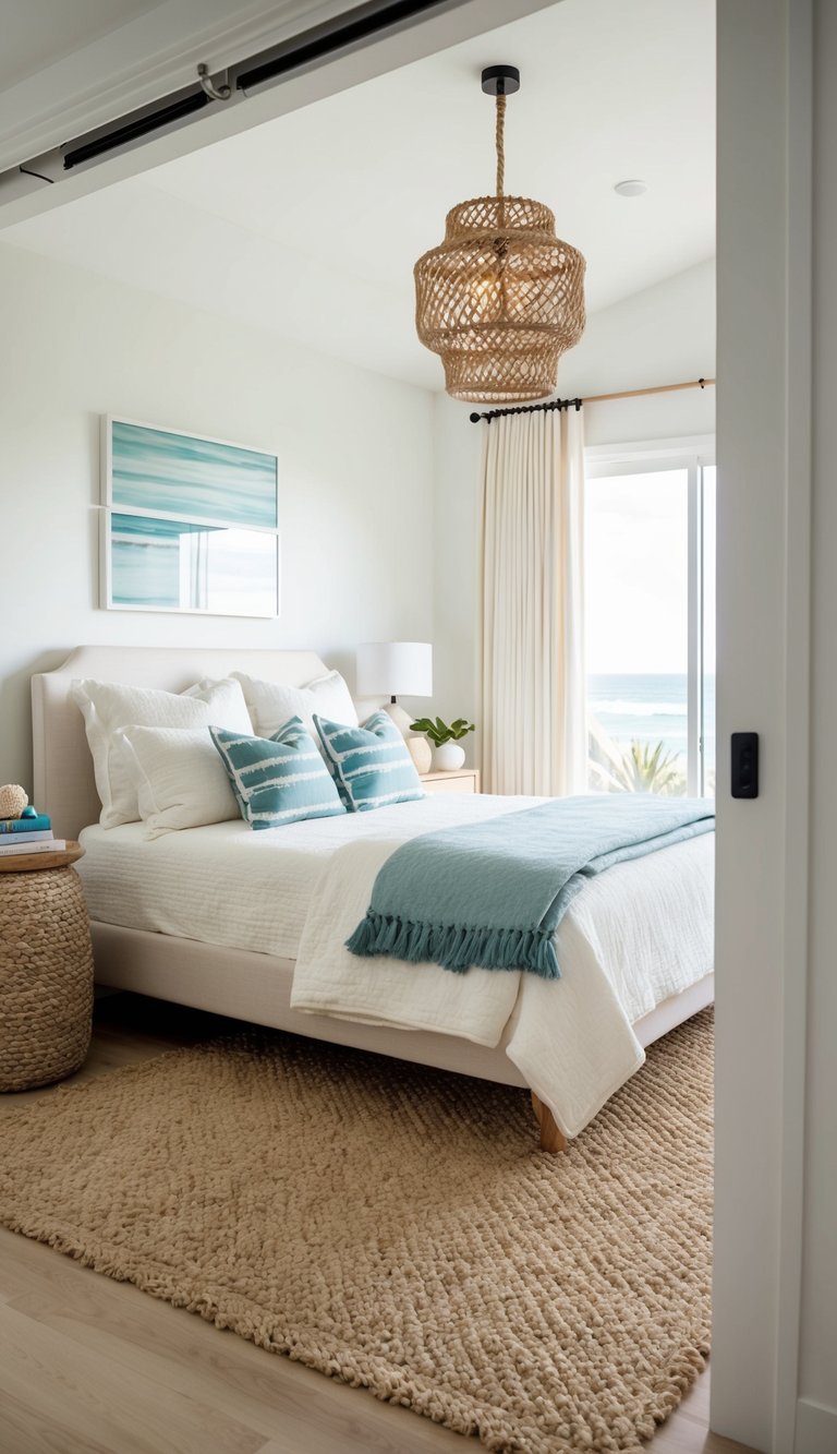 A cozy coastal bedroom with a jute rug, light and airy decor, and ocean-inspired accents