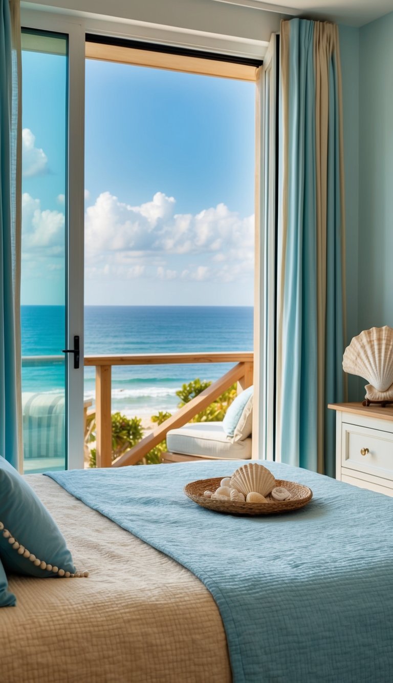 A cozy coastal bedroom with soft blue and sand tones, featuring seashell decor and a view of the ocean through a large window