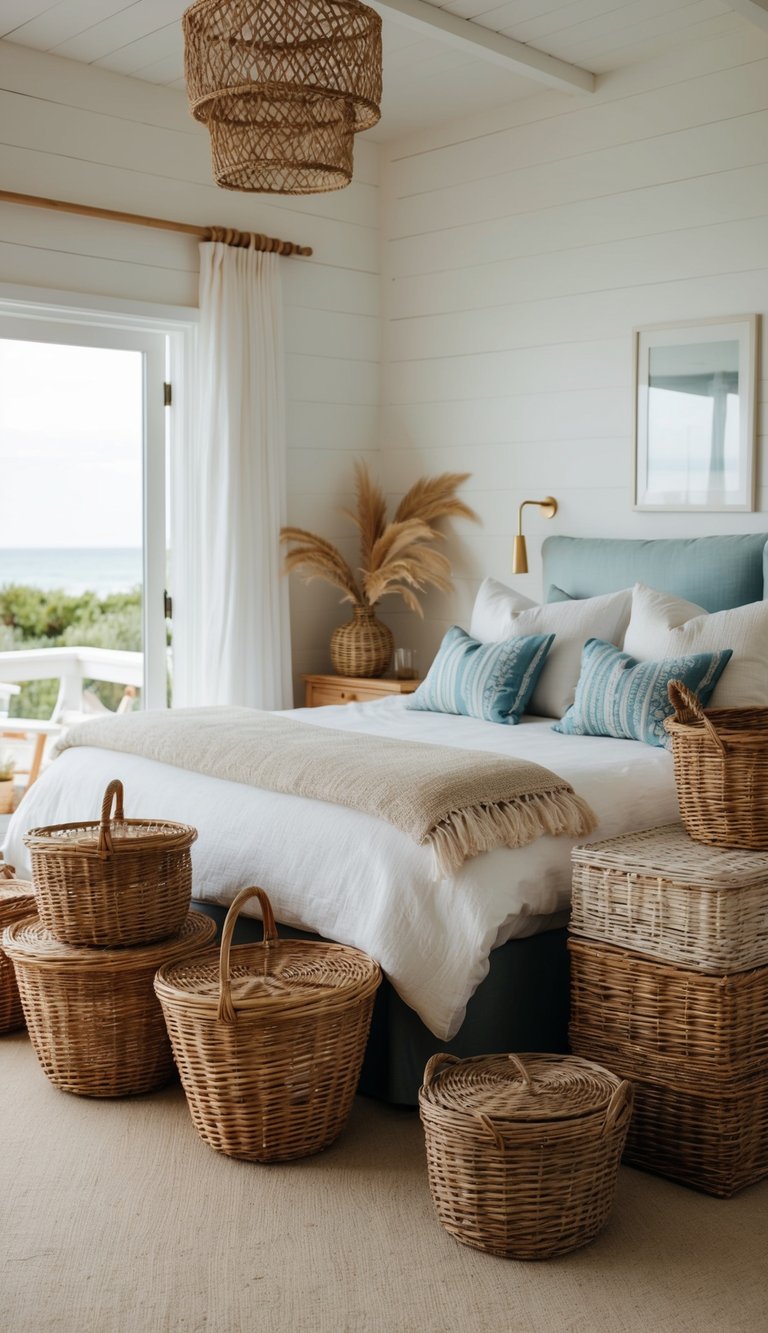 A cozy coastal bedroom with 21 wicker baskets of various sizes and shapes, scattered throughout the room as decorative storage solutions