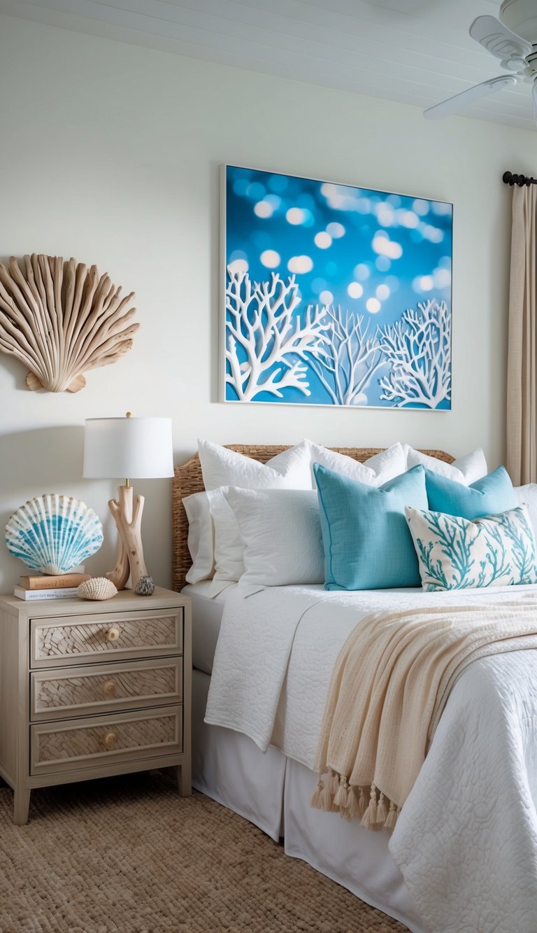 A serene coastal bedroom with coral decor pieces, including shells, driftwood, and sea-inspired artwork