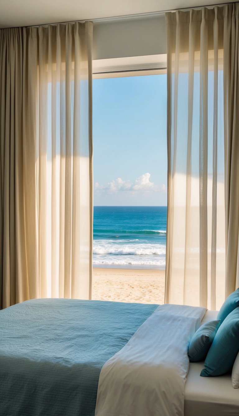 A bedroom with light, airy curtains billowing in the breeze, framing a view of a sandy beach and ocean waves