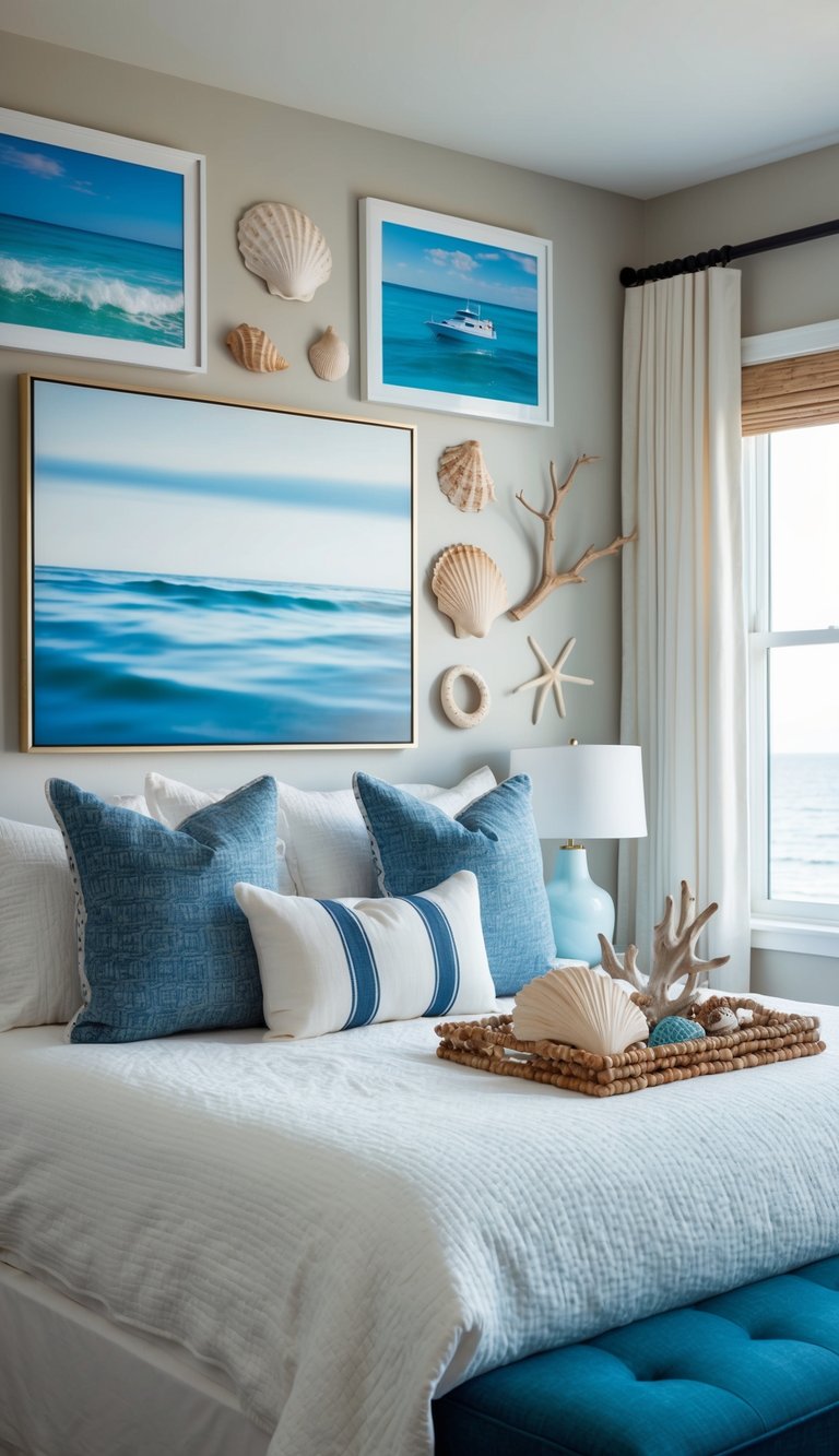 A coastal bedroom with a gallery wall featuring ocean-themed artwork, seashells, driftwood, and nautical decor