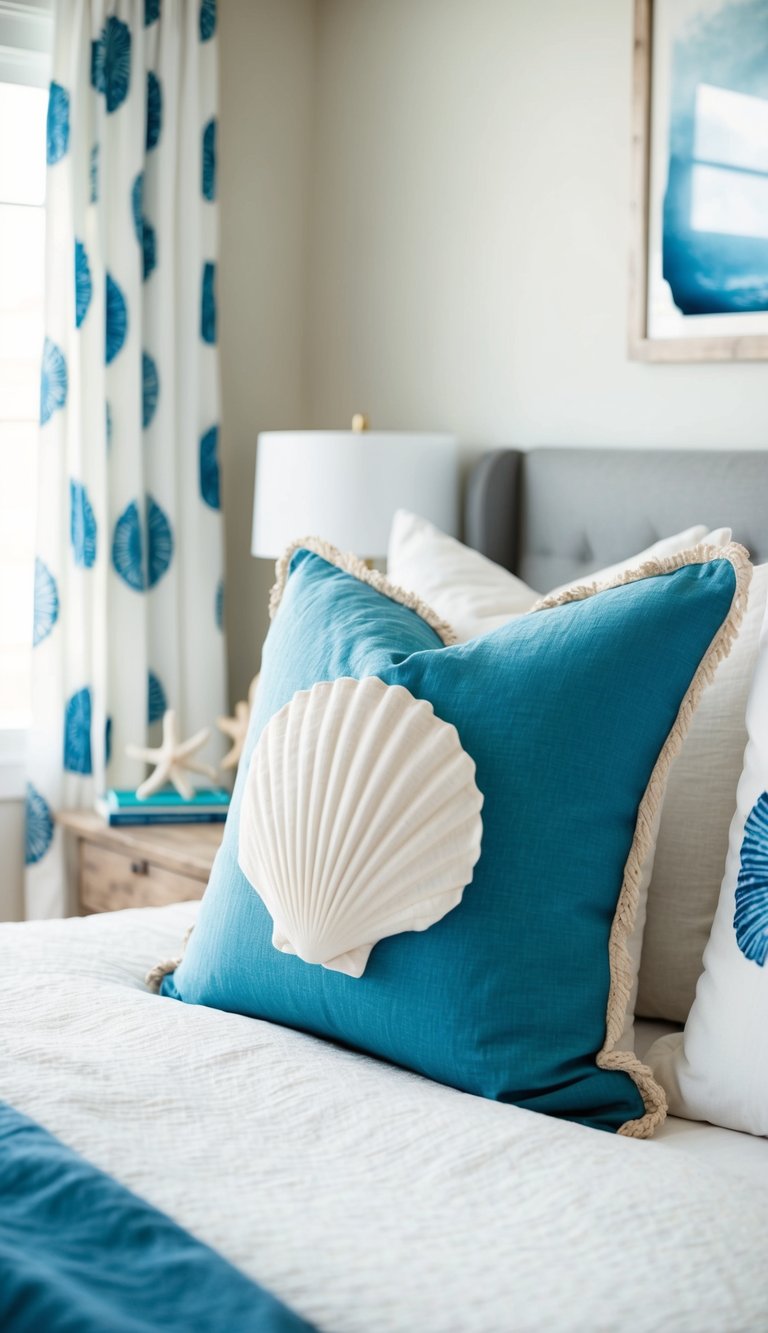 A cozy coastal bedroom with linen throw pillows in shades of blue and white, adorned with seashell and starfish motifs