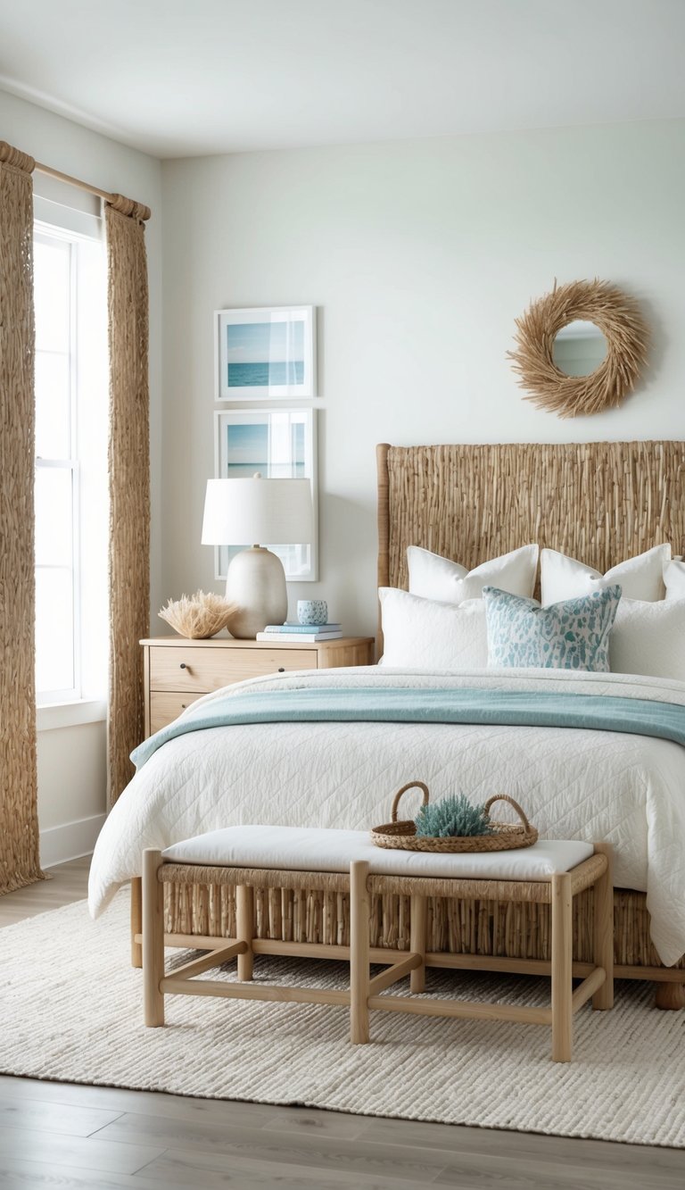 A coastal bedroom with seagrass textures, featuring natural wood furniture, ocean-inspired decor, and soft, neutral colors