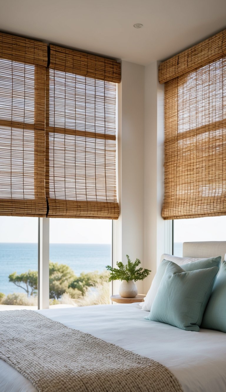 A coastal bedroom with bamboo blinds, a light and airy space with natural textures and calming colors