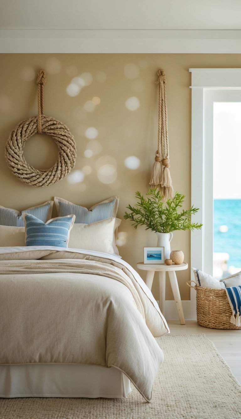 A cozy coastal bedroom with sandy beige walls, adorned with nautical decor and soft, neutral bedding