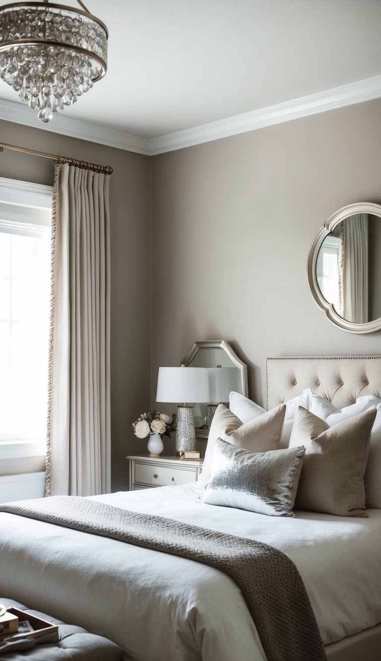 A cozy bedroom with neutral tones, silver accents, and elegant decor