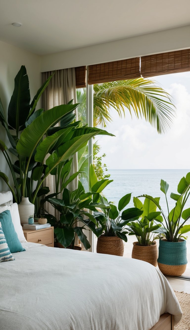 A serene coastal bedroom adorned with lush tropical plants and decor, creating a tranquil and inviting atmosphere