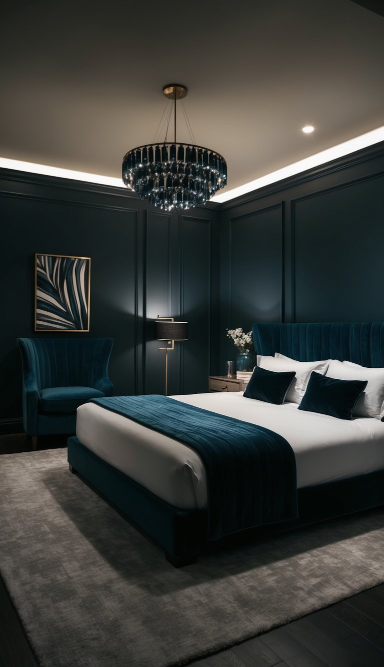 A dimly lit bedroom with deep, dramatic walls and bold decor, creating a moody and sophisticated atmosphere