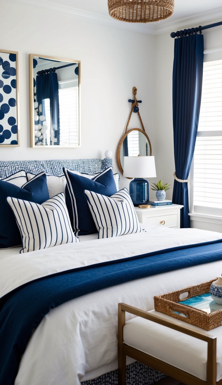 A cozy coastal bedroom with navy and white decor, featuring nautical accents and serene beach-inspired elements