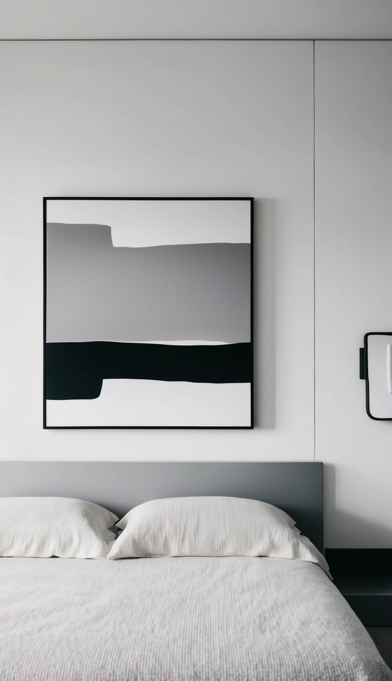 A simple, monochromatic abstract painting hangs above a sleek, modern bed in a minimalist bedroom. The artwork serves as the focal point of the room, creating a sense of tranquility and sophistication