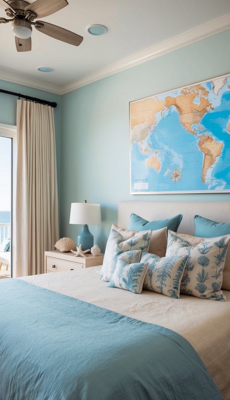 A serene coastal bedroom with a large map artwork on the wall, featuring soft blue and sandy tones, seashell decor, and ocean-themed bedding