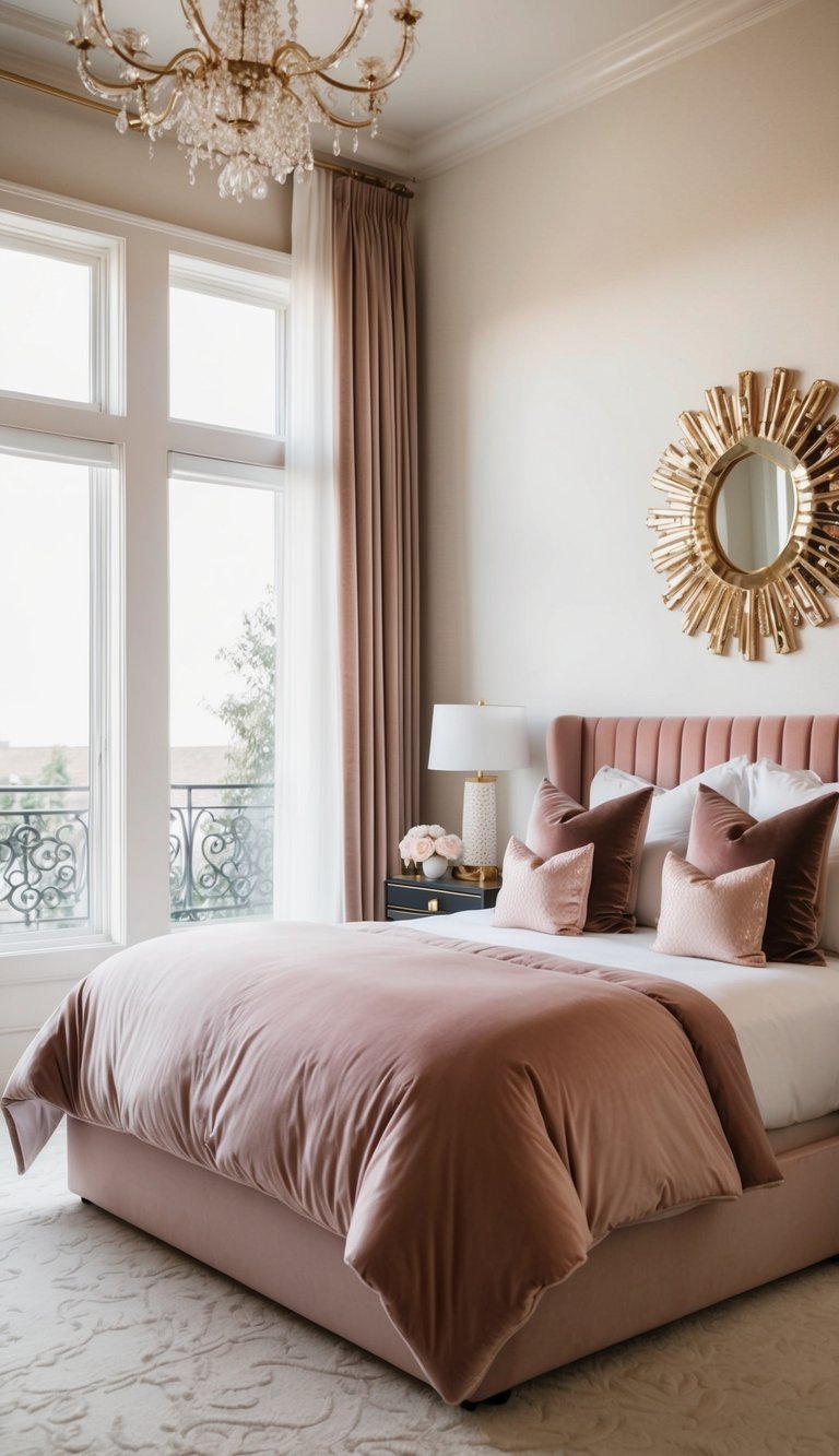 A luxurious bedroom with plush velvet bedding, elegant decor, and sophisticated color palette