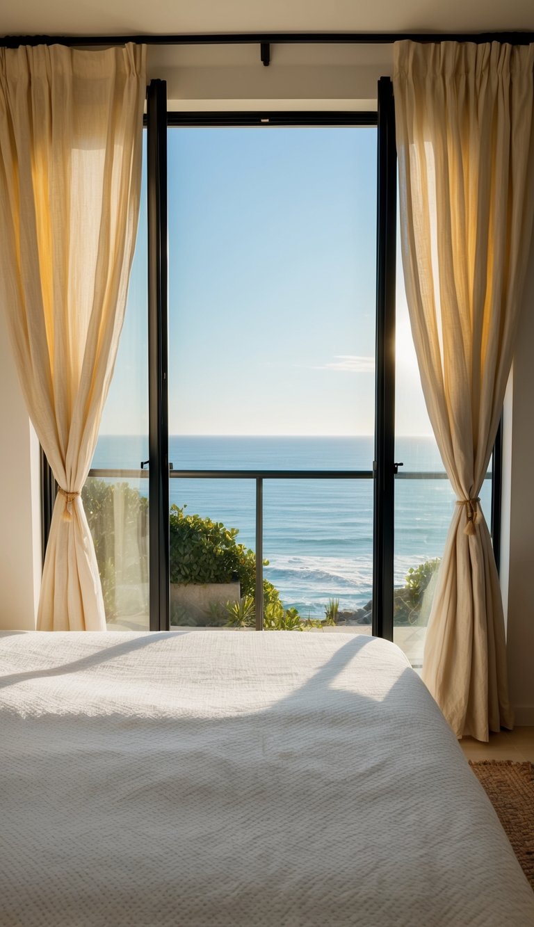 A sunlit coastal bedroom with billowing curtains, a light, airy bedspread, and a view of the ocean through open windows