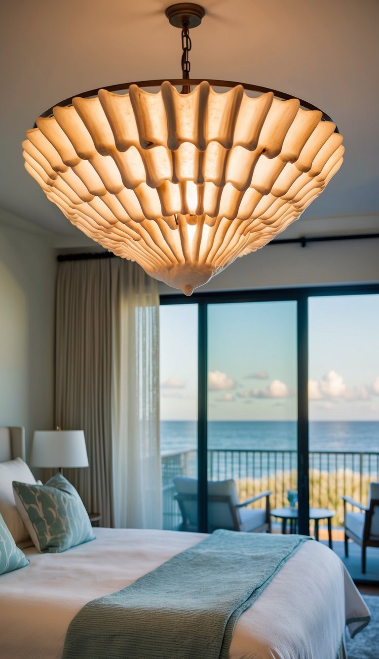 A serene coastal bedroom with a large oyster shell chandelier hanging from the ceiling, casting a warm, ocean-inspired glow over the room