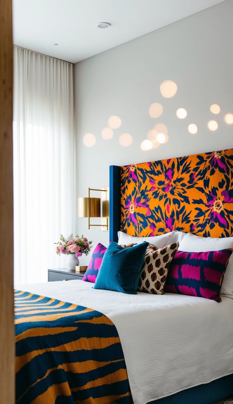 A statement headboard with bold patterns and vibrant colors stands as the focal point in a modern, sophisticated bedroom