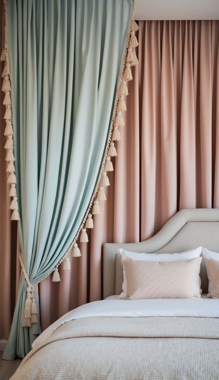 A cozy bedroom with custom-made draperies in soft pastel colors, adorned with elegant tassels and flowing gracefully from the ceiling to the floor