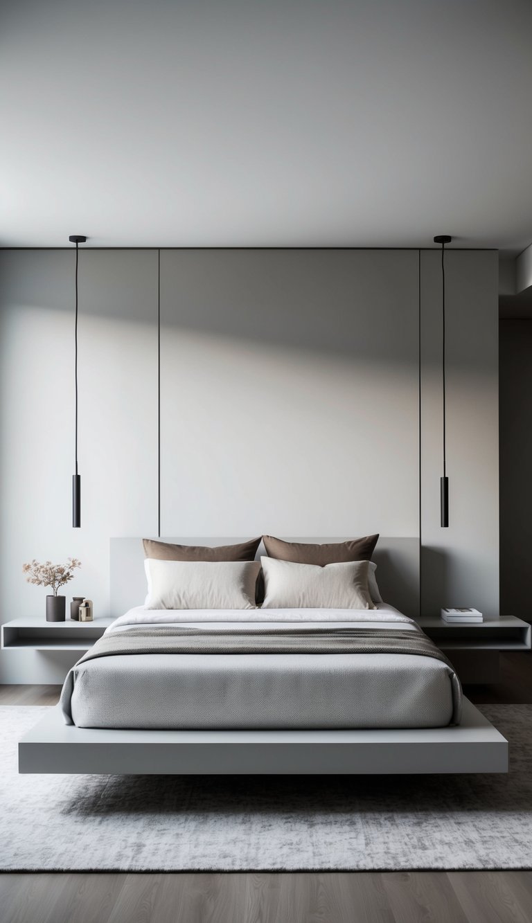 A sleek, minimalist platform bed with clean lines and neutral bedding in a modern, sophisticated bedroom setting