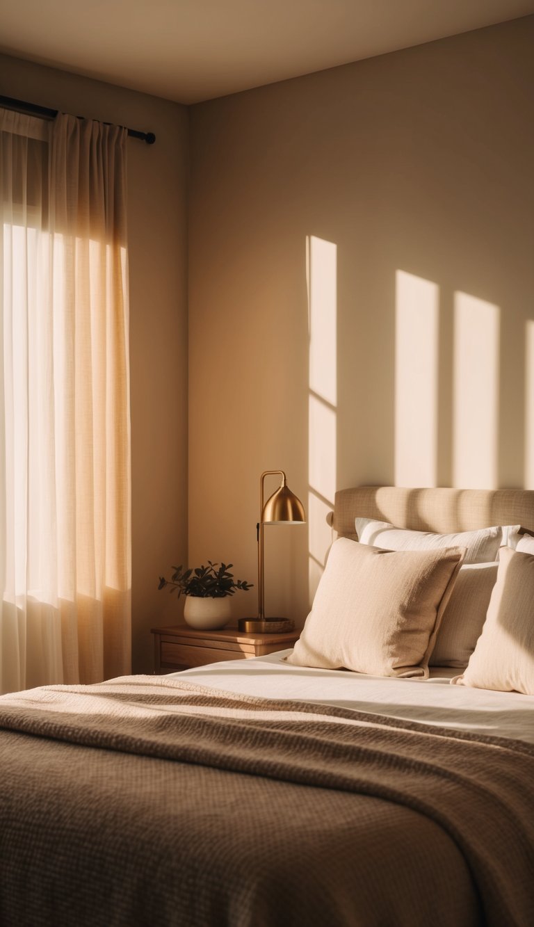 Soft, warm light casts gentle shadows on a cozy bedroom. Subtle highlights accentuate the decor, creating a soothing and inviting atmosphere