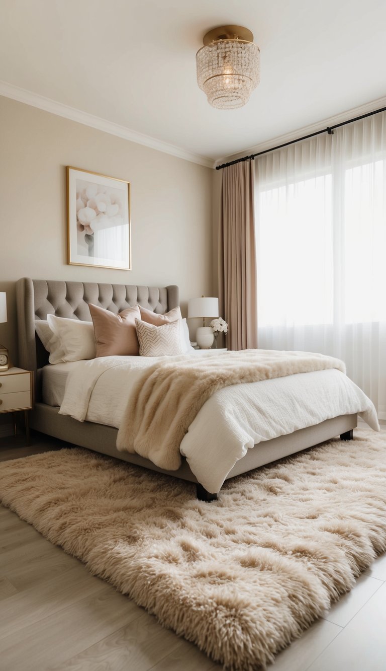 A luxurious plush area rug in a cozy bedroom, adding softness and comfort to the space