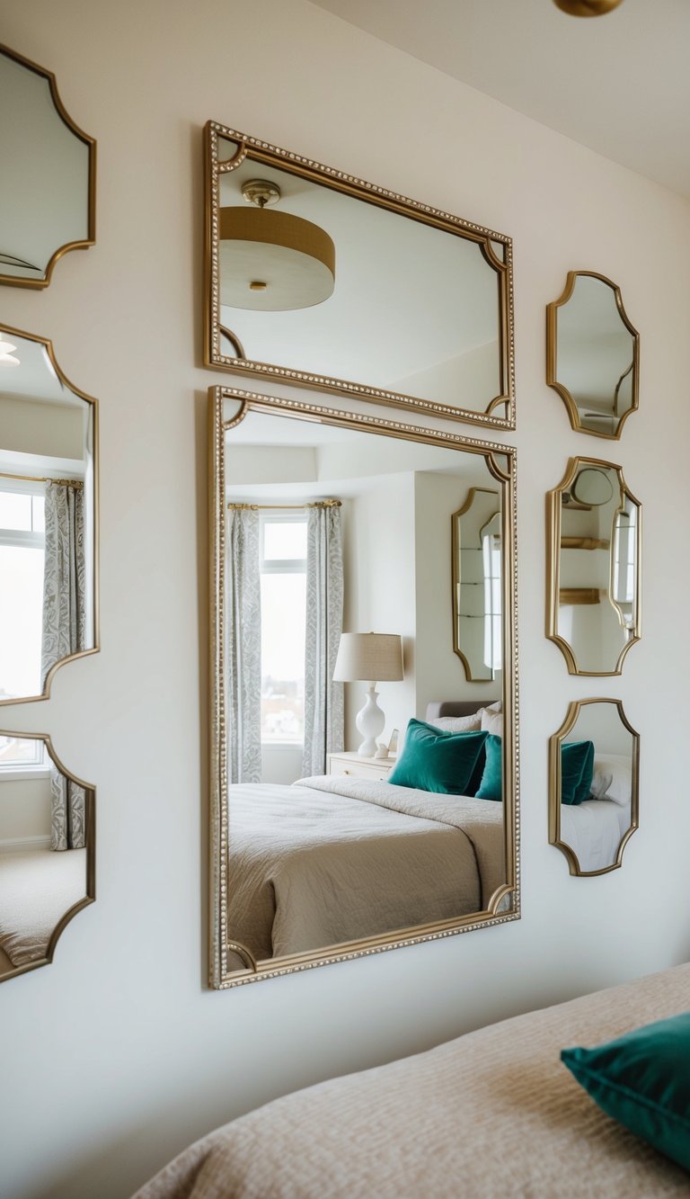 A bedroom with multiple decorative mirrors on the walls, reflecting the room and creating a sense of depth and spaciousness