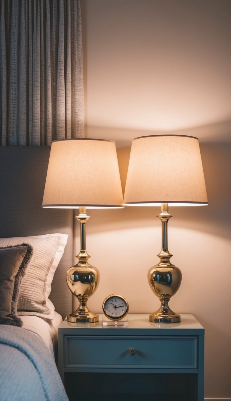 Two elegant nightstand lamps illuminate a modern, sophisticated bedroom with a cozy, feminine ambiance