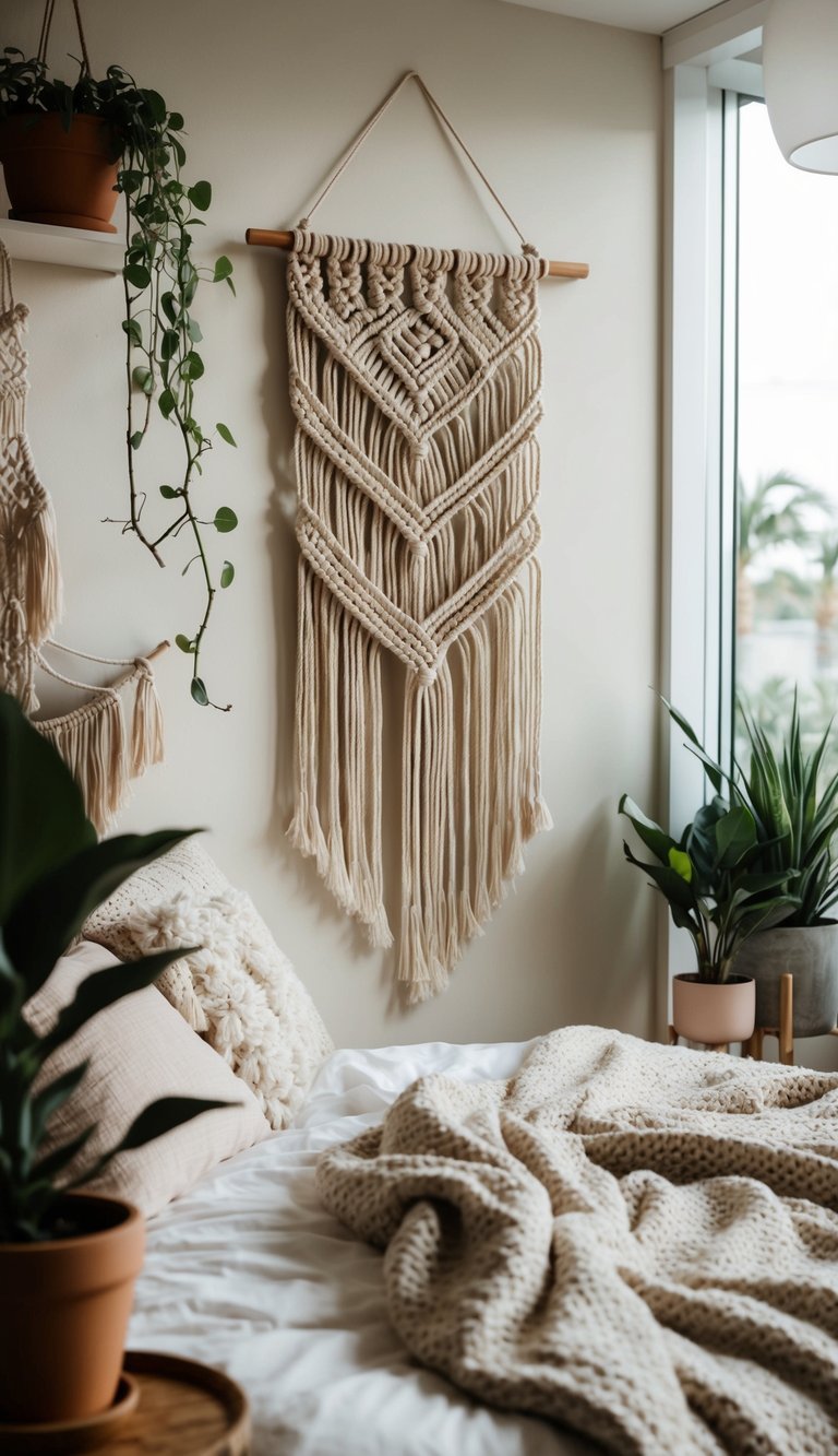 A boho-chic macrame wall hanging adorns a cozy bedroom, surrounded by plants, cozy textiles, and natural light