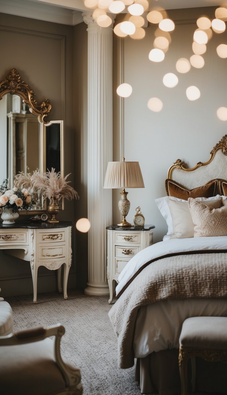 A cozy bedroom with a mix of vintage-inspired furniture pieces, including a classic vanity, ornate headboard, and elegant bedside tables. Rich textures and soft, muted colors create a sophisticated and timeless atmosphere