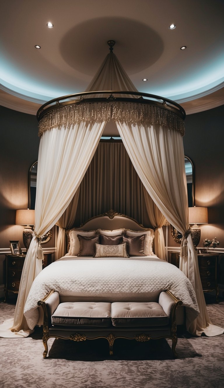 A luxurious canopy bed with flowing curtains, surrounded by opulent decor and dramatic lighting