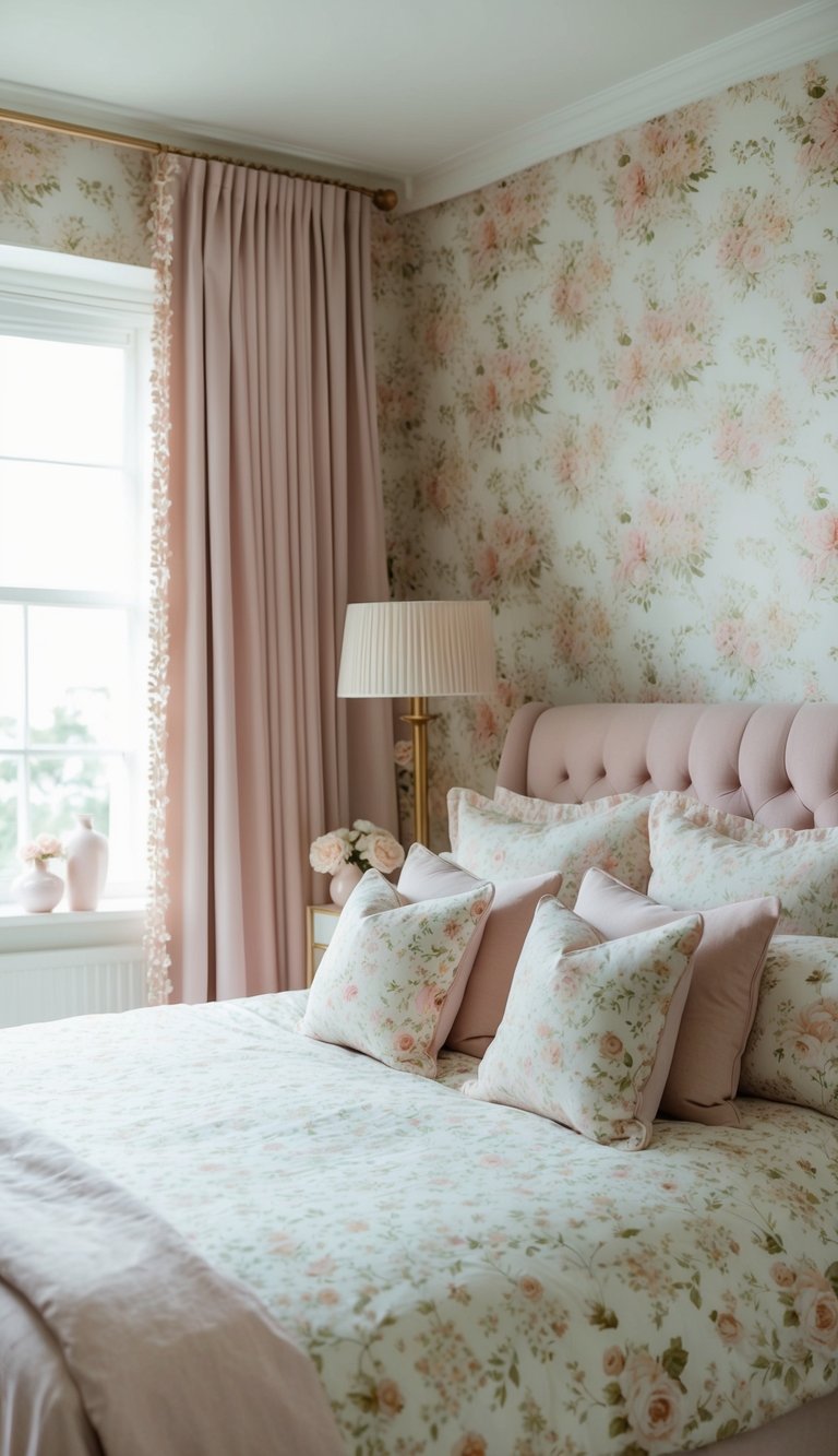 A cozy bedroom with floral-patterned bedding, curtains, and wallpaper. Soft pastel colors and delicate flowers create a feminine and elegant atmosphere