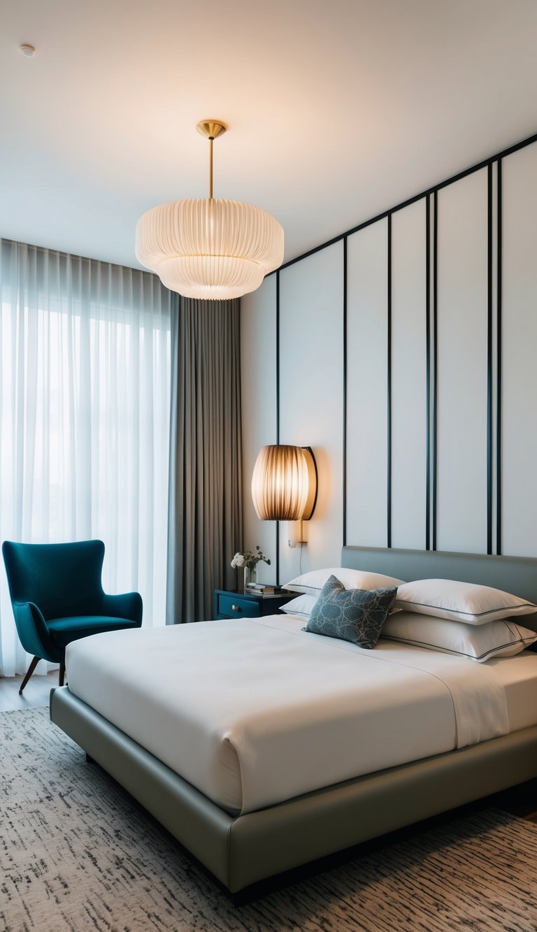 A bedroom with clean lines, geometric patterns, and sleek furniture. A statement mid-century modern accent chair and a retro-inspired lighting fixture add a touch of sophistication