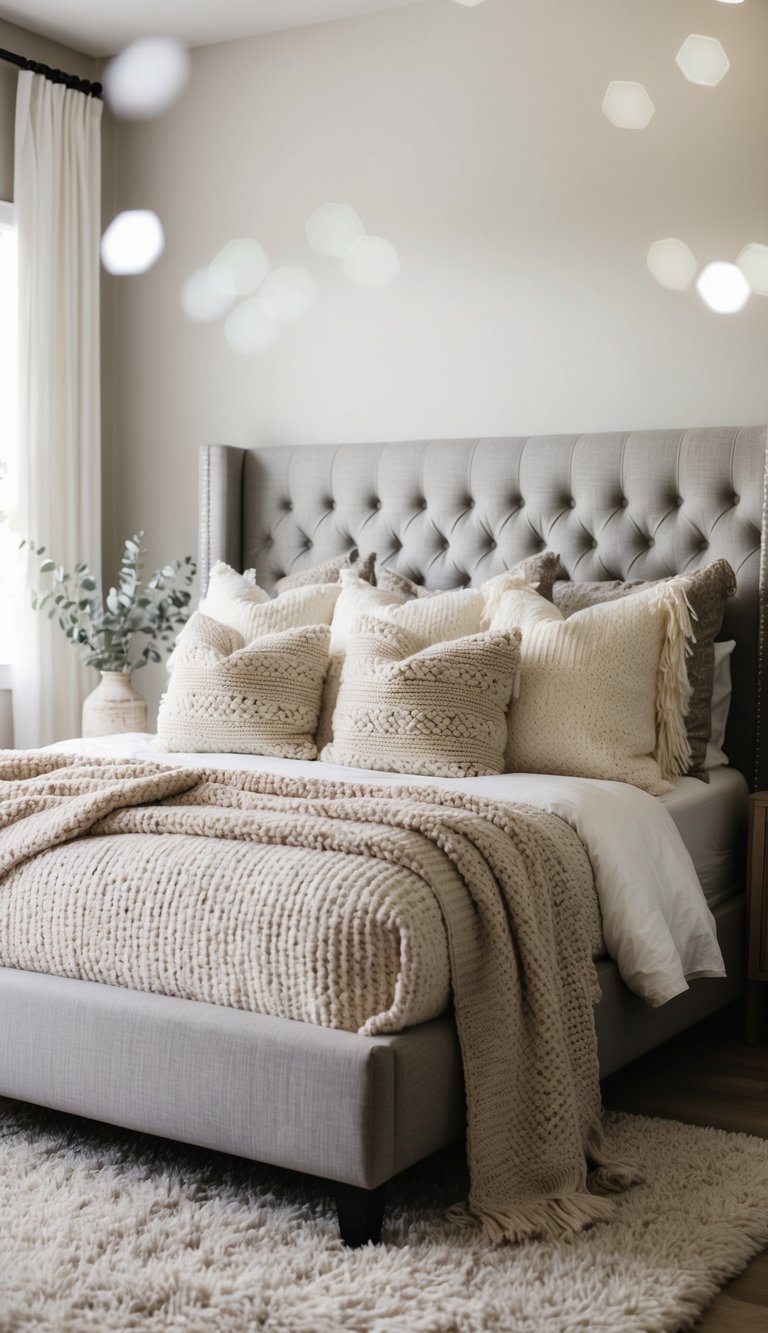 A cozy bedroom with layered textiles: a plush rug, textured throw pillows, and a knit blanket draped over a tufted headboard