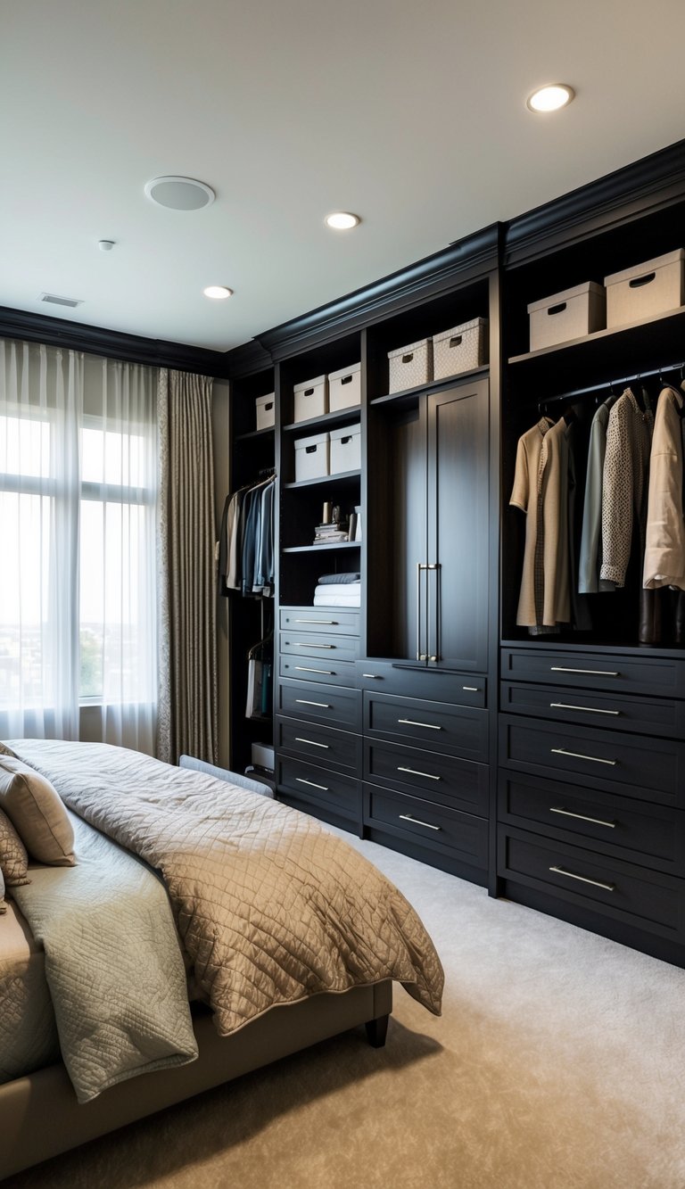 A spacious bedroom with a variety of customized wardrobe solutions, including built-in shelving, hanging racks, and drawers. The room is decorated in a sophisticated and elegant style, with plush bedding and stylish decor