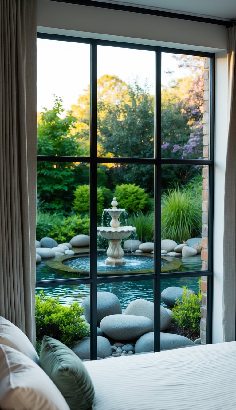 A bedroom with a large window overlooking a peaceful garden, featuring a water fountain, lush greenery, and smooth river rocks