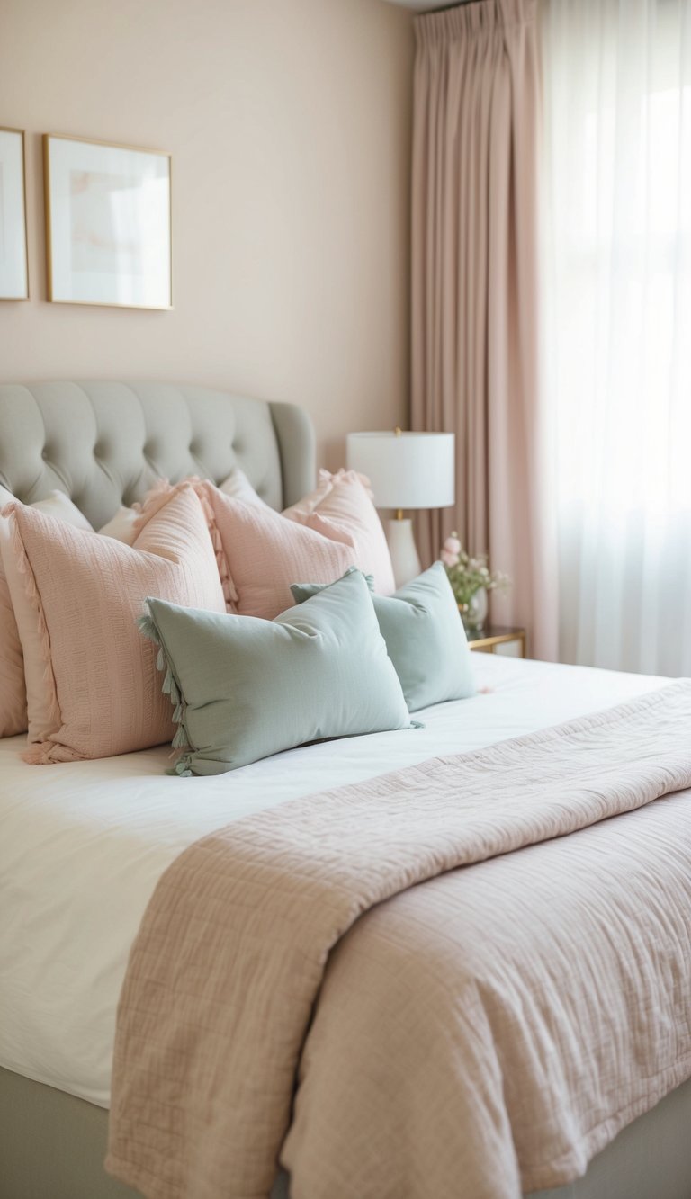 A cozy bedroom with soft pastel hues, a plush bed, and delicate decor, exuding a serene and tranquil atmosphere